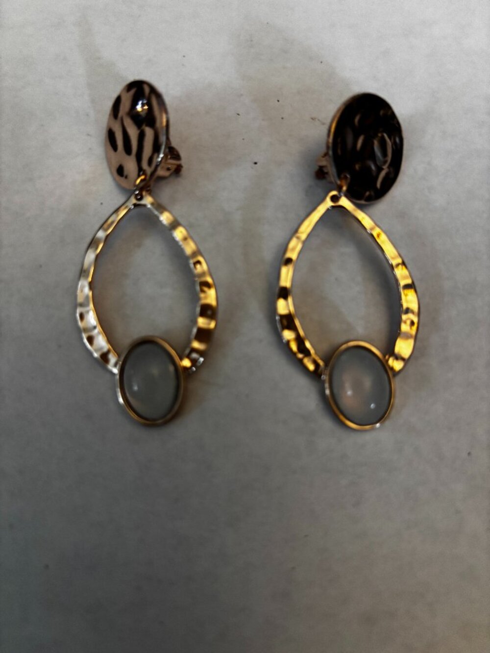 Clip on earrings gold tone hoops dangles glass opal